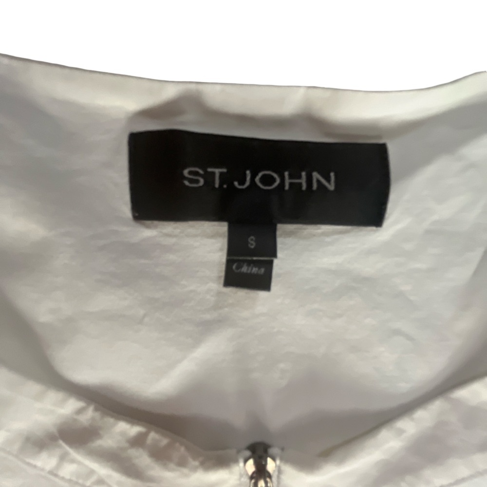 St. John White Zip Up Short Sleeve Crisp Cotton Blouse Size S - Picture 2 of 8
